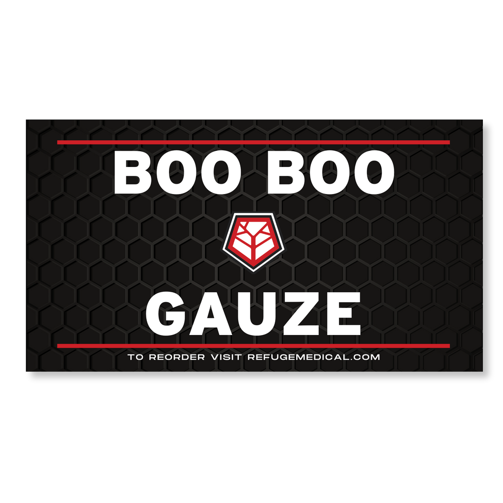 Boo Boo Gauze packaging with a red hexagonal logo on a black background