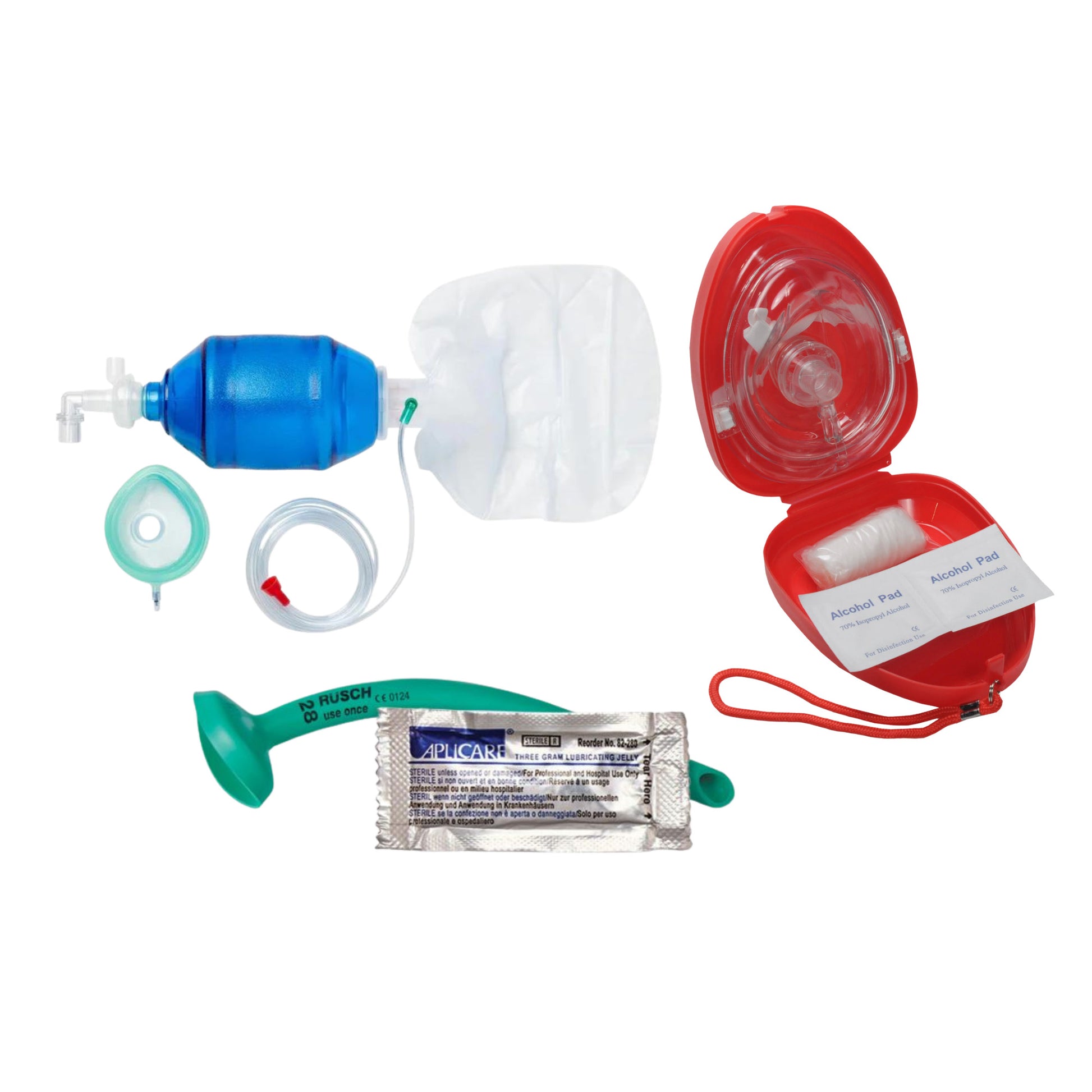 Components included in Respiratory set - Nasopharyngeal airway, CPR face shield, BVM