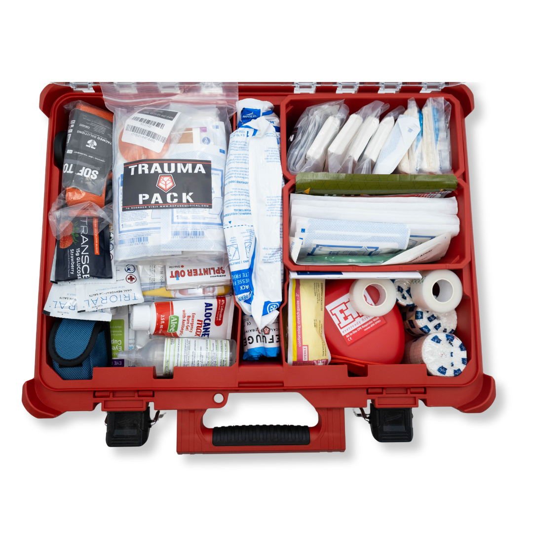 Refuge Medical Tool Box Kit Refill - components in red compartment box, open (box not included)