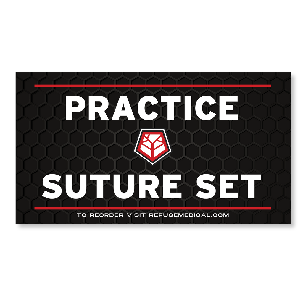 Practice suture set packaging with a black background and red and white text.