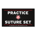 Practice suture set packaging with a black background and red and white text.
