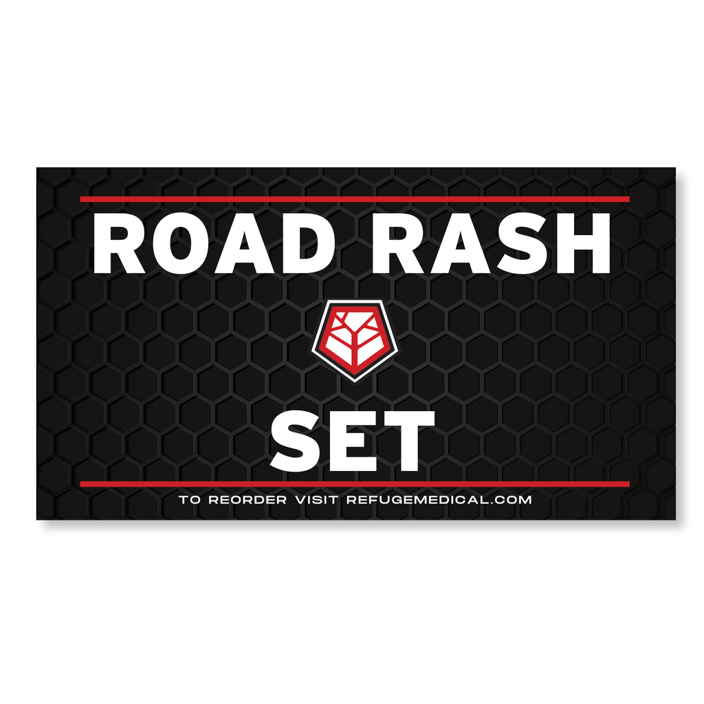 Road Rash Set label, white words, red accents, Refuge Logo