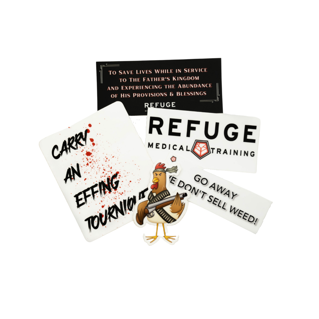 A collection of various stickers from Refuge Medical - Logo, Mission statement, "carry an effing tourniquet" and tactical chicken