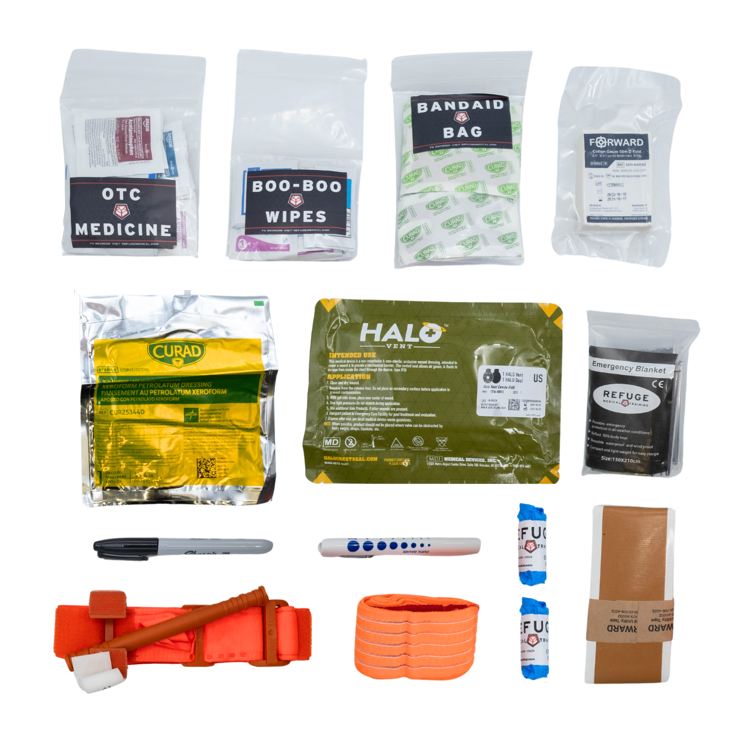 Refuge MedicalTravel FAK First Aid Kit - Components included in the Travel FAK