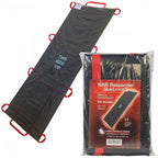 A Responder QuikLitter emergency carry litter with red nylon webbing and handles, displayed next to its packaging.