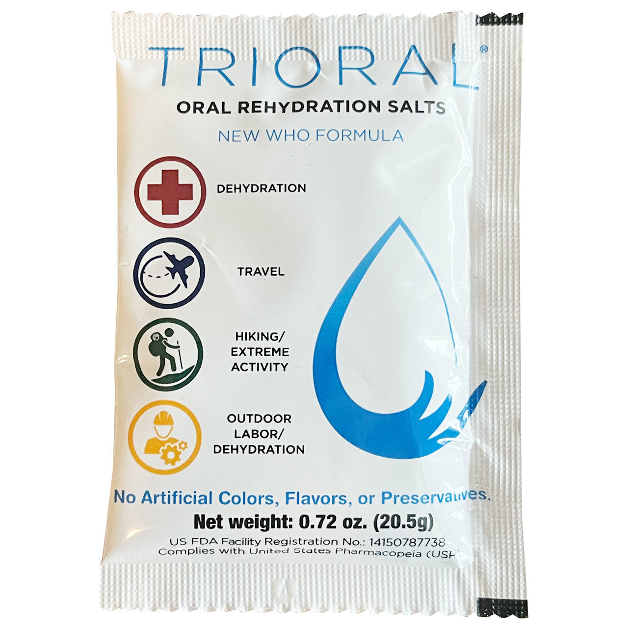 A packet of Trioral Oral Rehydration Salt with icons indicating the use for dehydration, travel, and outdoor activities.
