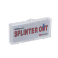 A clear plastic case labeled 'SPLINTER OUT' containing sterile splinter removers with tri-beveled points, designed for medical use.