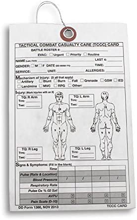 A Tactical Combat Casualty Card (TCCC) designed for recording medical information and treatment details for casualties. It includes several spaces for patient vitals and injuries and a body diagram