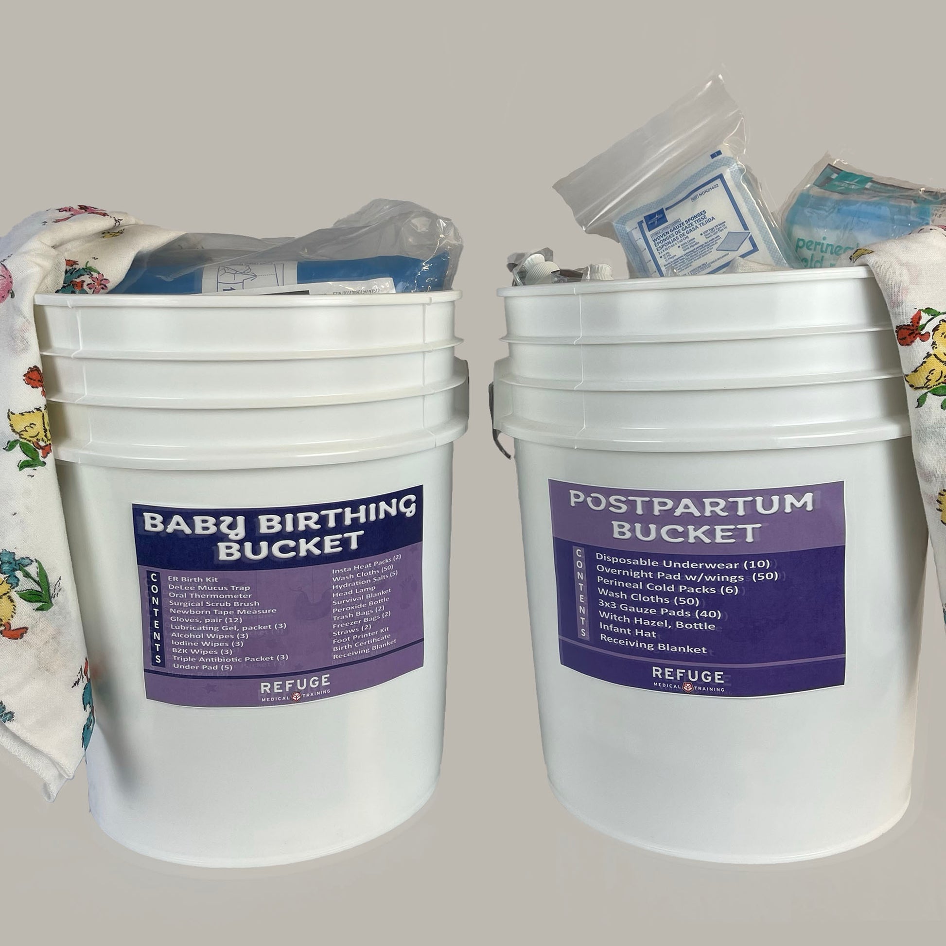 Refuge Medical Birth and Postpartum Bucket First Aid - front view, opened, Birth Bucket (left), Postpartum Bucket (right)