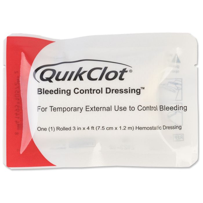 QuikClot Bleeding Control Roll Dressing packaging with red and white branding, labeled for temporary external use to control bleeding.