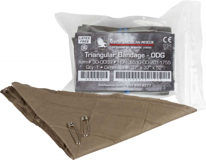 A packaged NAR triangular bandage with two safety pins, displayed alongside the bandage which is partially unfolded and shows a solid beige color.